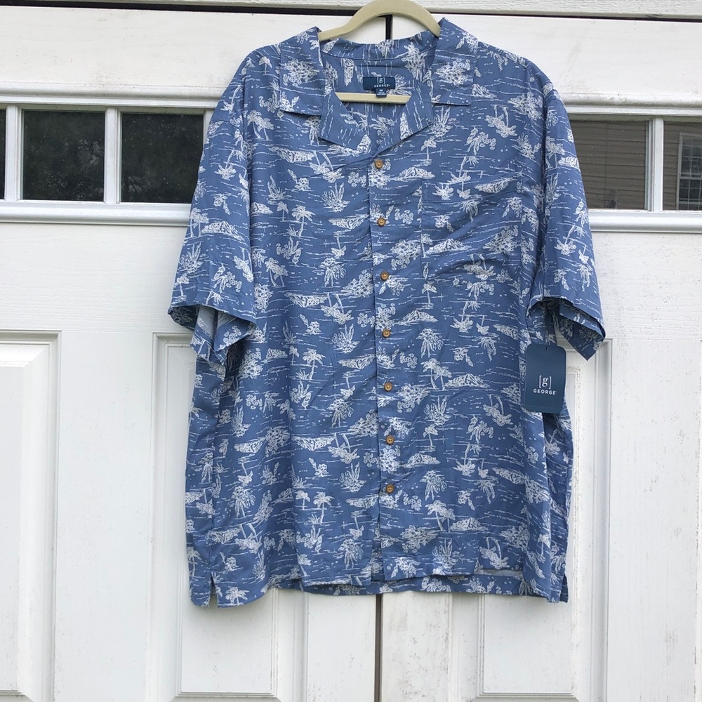 NWT Men’s Relaxed Fit Hawaiian Style Blue-White Collared Vented sides Size 2XL